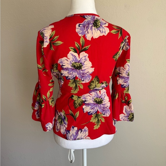TopShop Cherry Red Floral Hawaiian Tied Wrap Cropped Blouse Womens 4 Beach - Picture 4 of 7